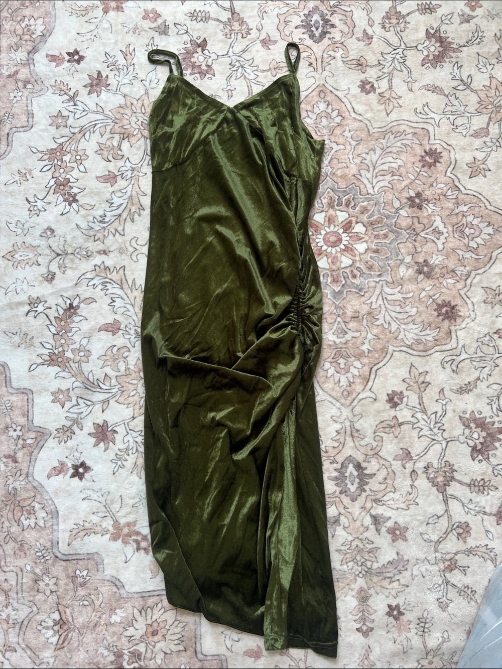 PrettyLittleThing Olive Velvet Slip Dress